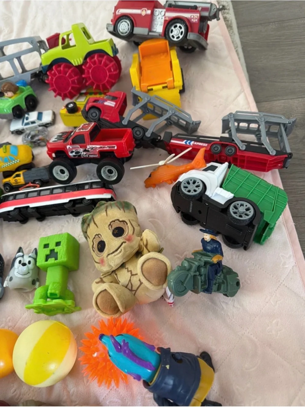 Kids cars, trucks, balls, action figures toy bundle
